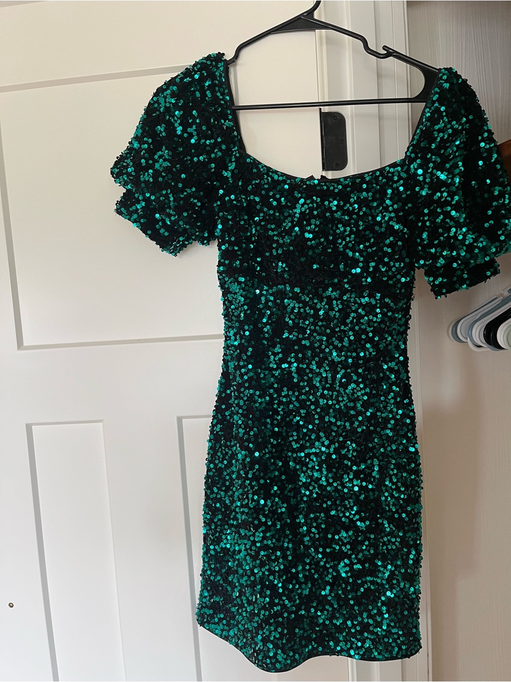 Sequin Puff Sleeve Mini Dress - Emerald Green